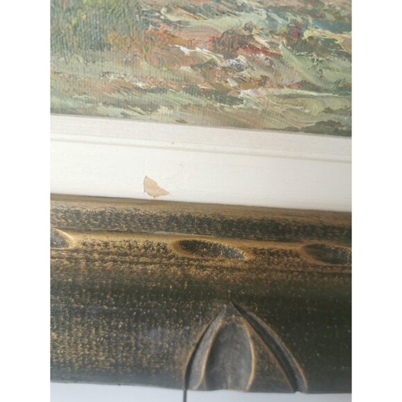 XXL 70s Impasto Oil Painting Mountain Landscape 47.5" Wide Etched Wood Frame - Picture 6 of 10